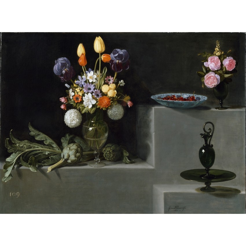 Still life with Artichokes, Flowers and Glass Vessels