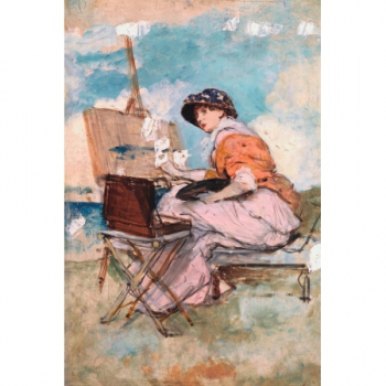 Mujer pintando frente al mar